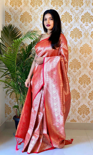 Vastravilla Red Zigzag Soft Silk Kanjiviram Silk Saree With Attached Blouse