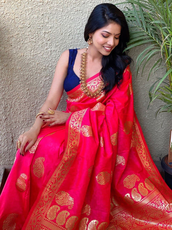 Vastravilla Red Tree Soft Silk Kanjiviram Silk Saree With Attached Blouse