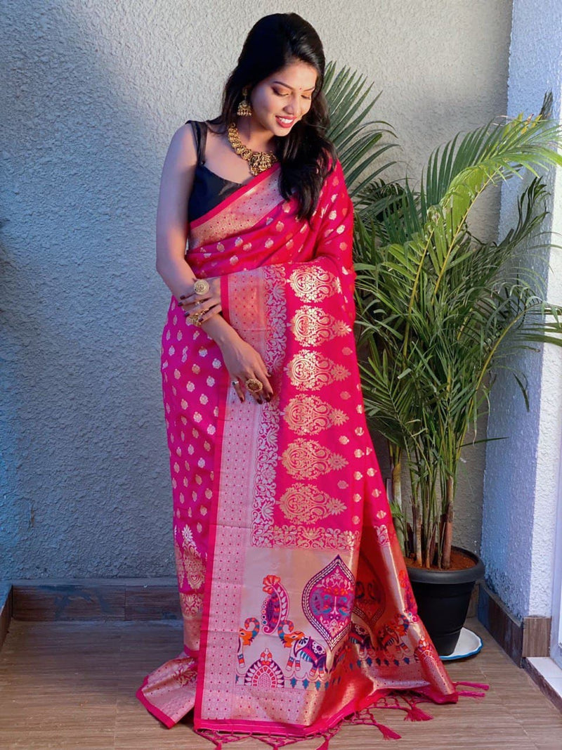 New Pink Elephant Pure Soft Kanjivaram Silk Saree With Attached Blouse