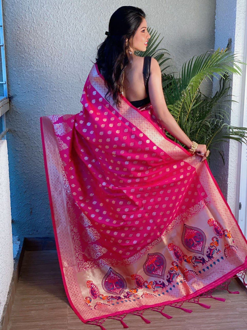 New Pink Elephant Pure Soft Kanjivaram Silk Saree With Attached Blouse