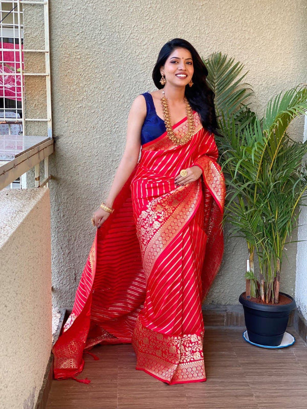 Vastravilla Red Line Pure Soft Kanjivaram Silk Saree With Attached Blouse