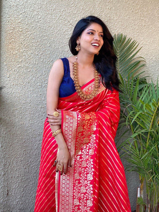 Vastravilla Red Line Pure Soft Kanjivaram Silk Saree With Attached Blouse
