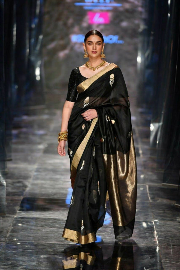 Black With Golden Butta & Zari Party Wear Lichi Designer Lichi Silk  Weaving