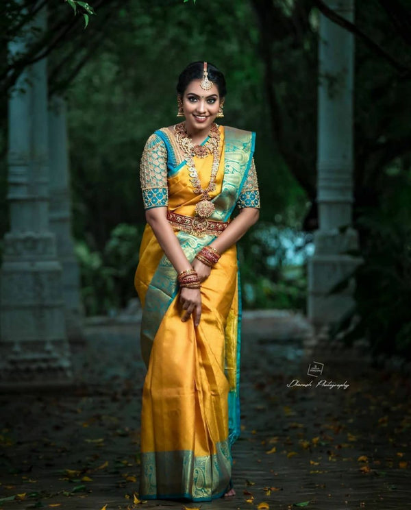 Yellow Color With Golden Zari Designer Lchi Silk Saree For Weaving