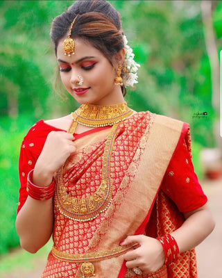 Red With Golden Zari Party Wear Designer Soft Silk  Banarsi Saree Weaving