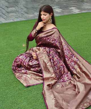 Maroon Panddi With Zari Boder Banarasi Soft silk Saree