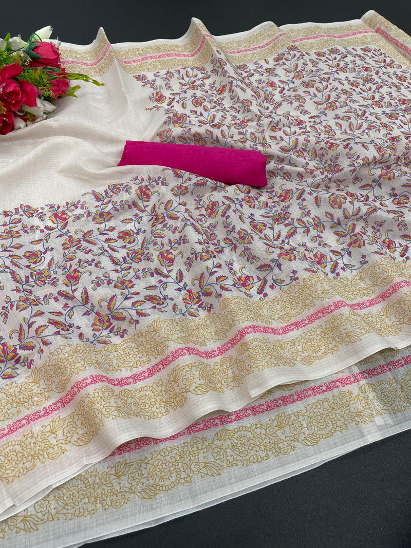 White Pink Simple Splendor Chanderi Block Print Saree