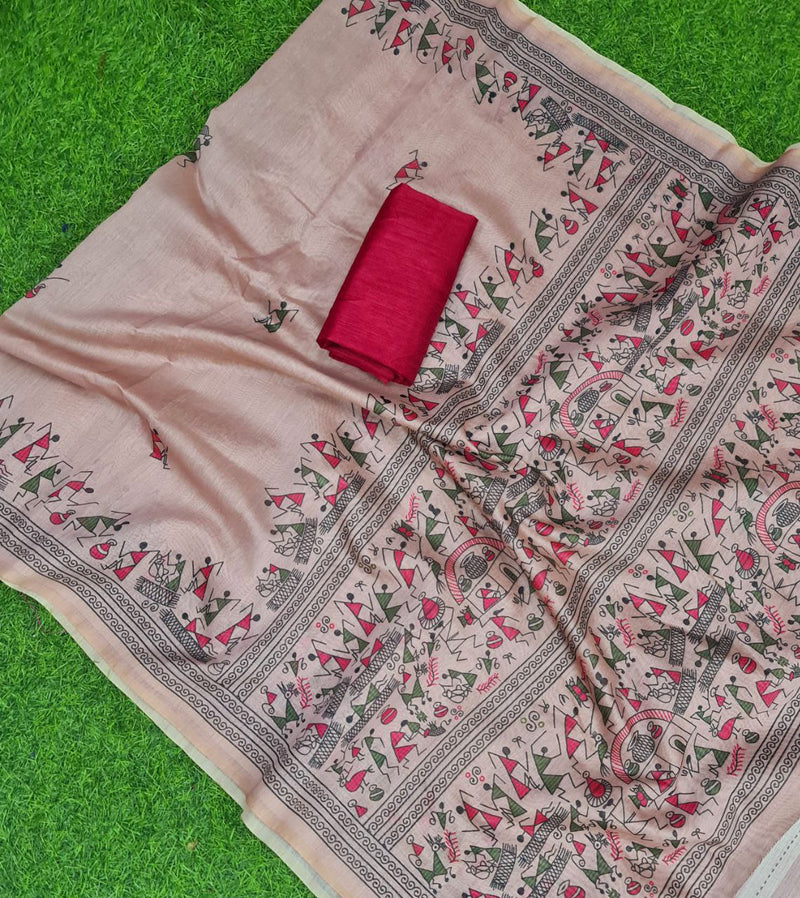 Cream red Soft Cotton All Over Ajrakh Print Handloom Silk Saree