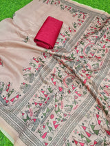 Cream red Soft Cotton All Over Ajrakh Print Handloom Silk Saree