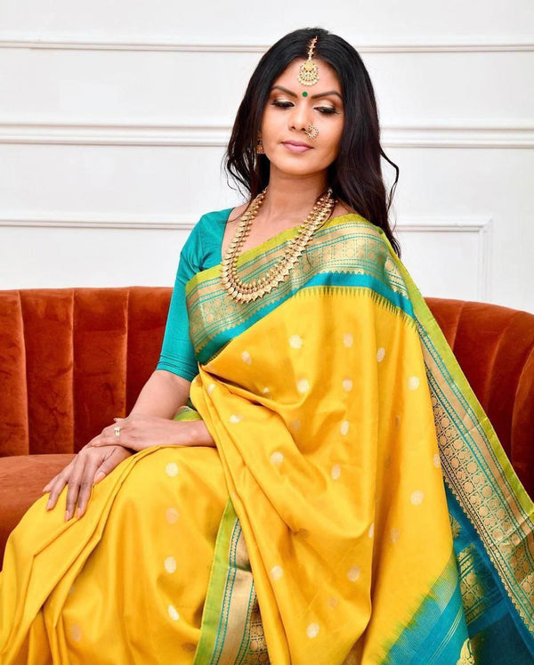 Yellow Color With Golden Zari Work Party Wear Banarsi Saree Weaving
