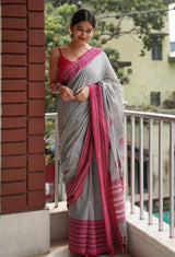 Gray And Pink Handloom Weaving Silk Saree With Rich Contrast Wooven Pallu