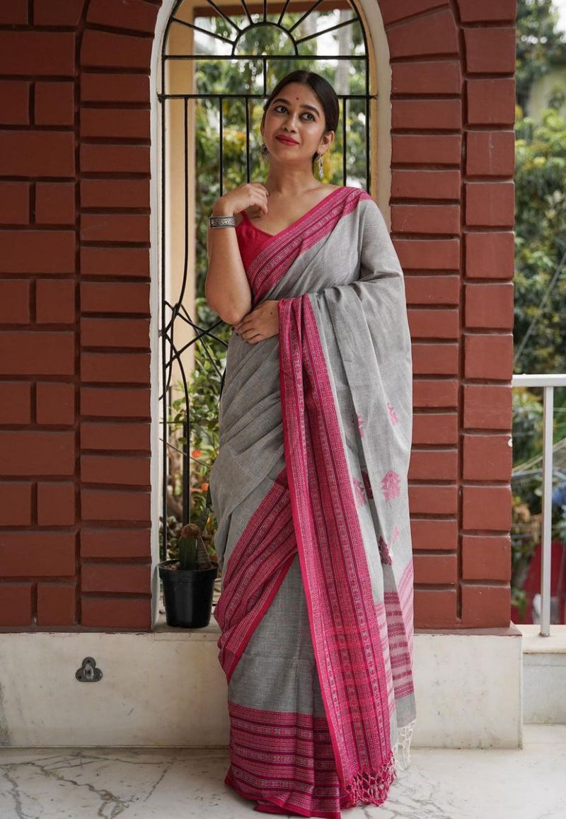Gray And Pink Handloom Weaving Silk Saree With Rich Contrast Wooven Pallu