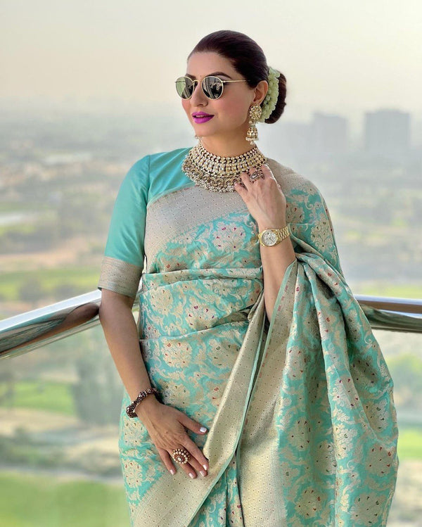 Mint Blue Zari Woven Lichi Silk  Exclusive Wedding Saree