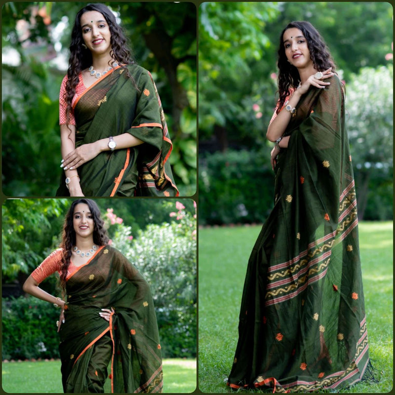 Dark Mhendi Handloom Weaving Silk Saree With Rich Contrast Wooven Pallu
