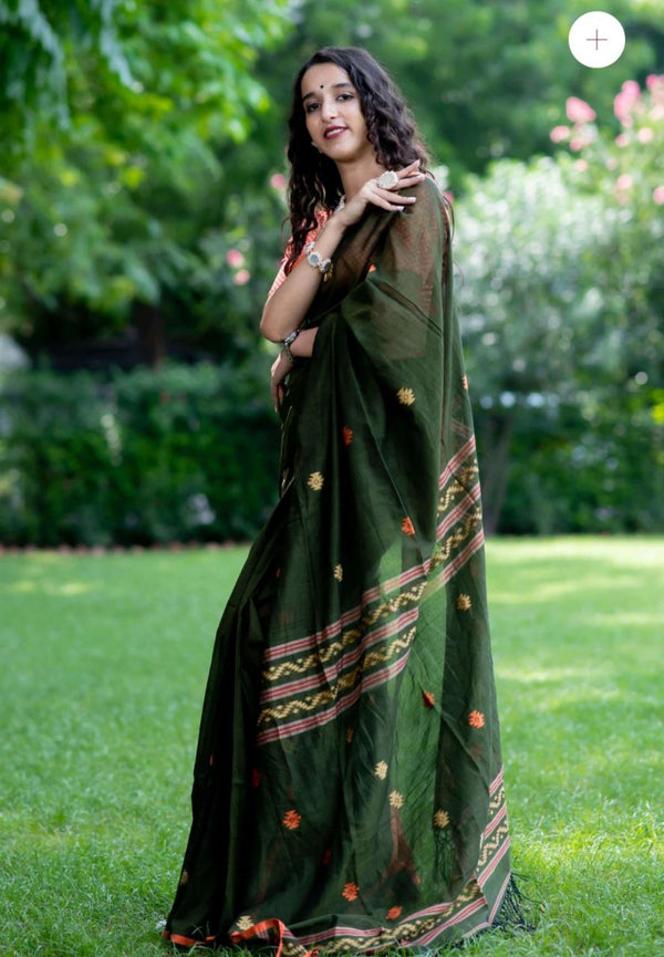 Dark Mhendi Handloom Weaving Silk Saree With Rich Contrast Wooven Pallu