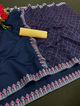 Nevy blue chex Bold Cloud Ajrakh Handmade Cotton Saree