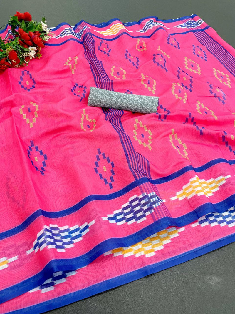 Pink and Blue Bold Cloud Ajrakh Handmade Cotton Saree