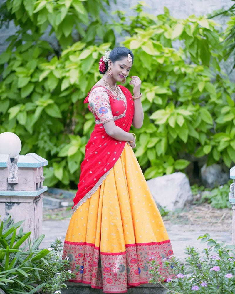 Designer Kanjiveram Yellow Red Zari Half Saree With Blouse Along With Duppta