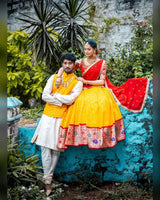 Designer Kanjiveram Yellow Red Zari Half Saree With Blouse Along With Duppta