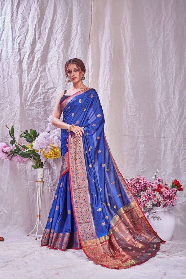 Blue Traditional  Weaving Lichi Silk Saree .
