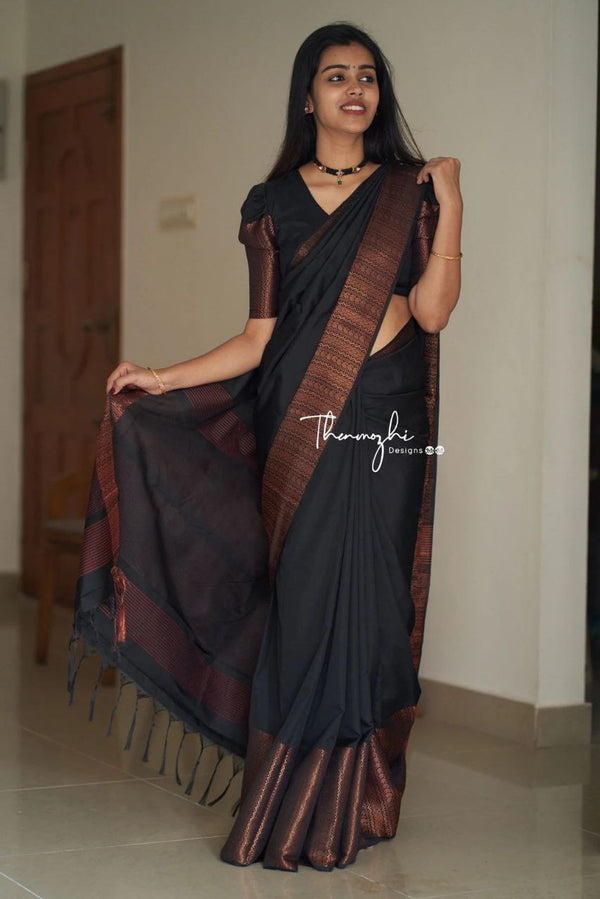 Black Saree With Copper Zari Designer Exclusive Soft Lichi Silk .