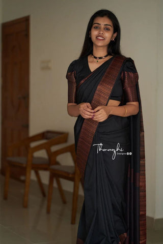 Black Saree With Copper Zari Designer Exclusive Soft Lichi Silk .