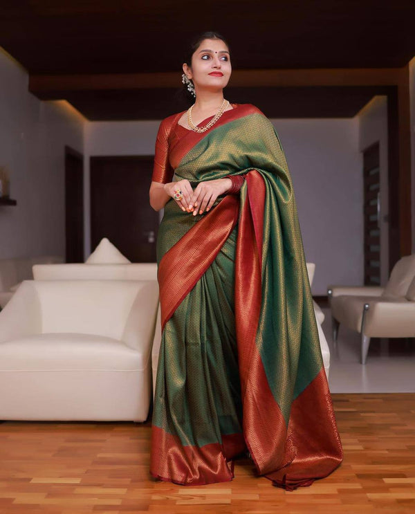 Beautiful Green And Red With Gold Weaving Work Banarasi Lichi Silk .