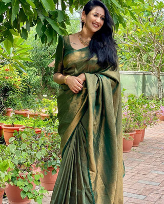 Mitera Green Woven Designer Party Wear Soft Silk  Lichi Silk Saree .