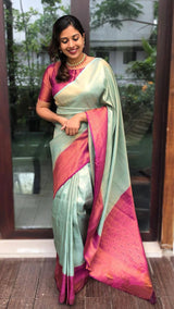 Light Green & Pink Broder Designer Soft Silk Banarsi Saree