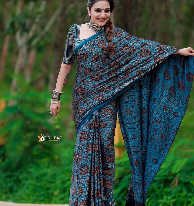 Gorgeous Wearing Ajrakh Hand Block Printed Modal Silk Saree